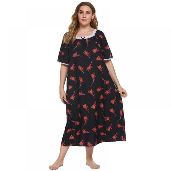 Baywell Women's Plus Size Nightgown Sleepwear Short Sleeve House Dress Vintage Lace Square Neck Plus Size Mumu Dress Soft Long Sleepdress Loose Lounge Dress XL-5XL
