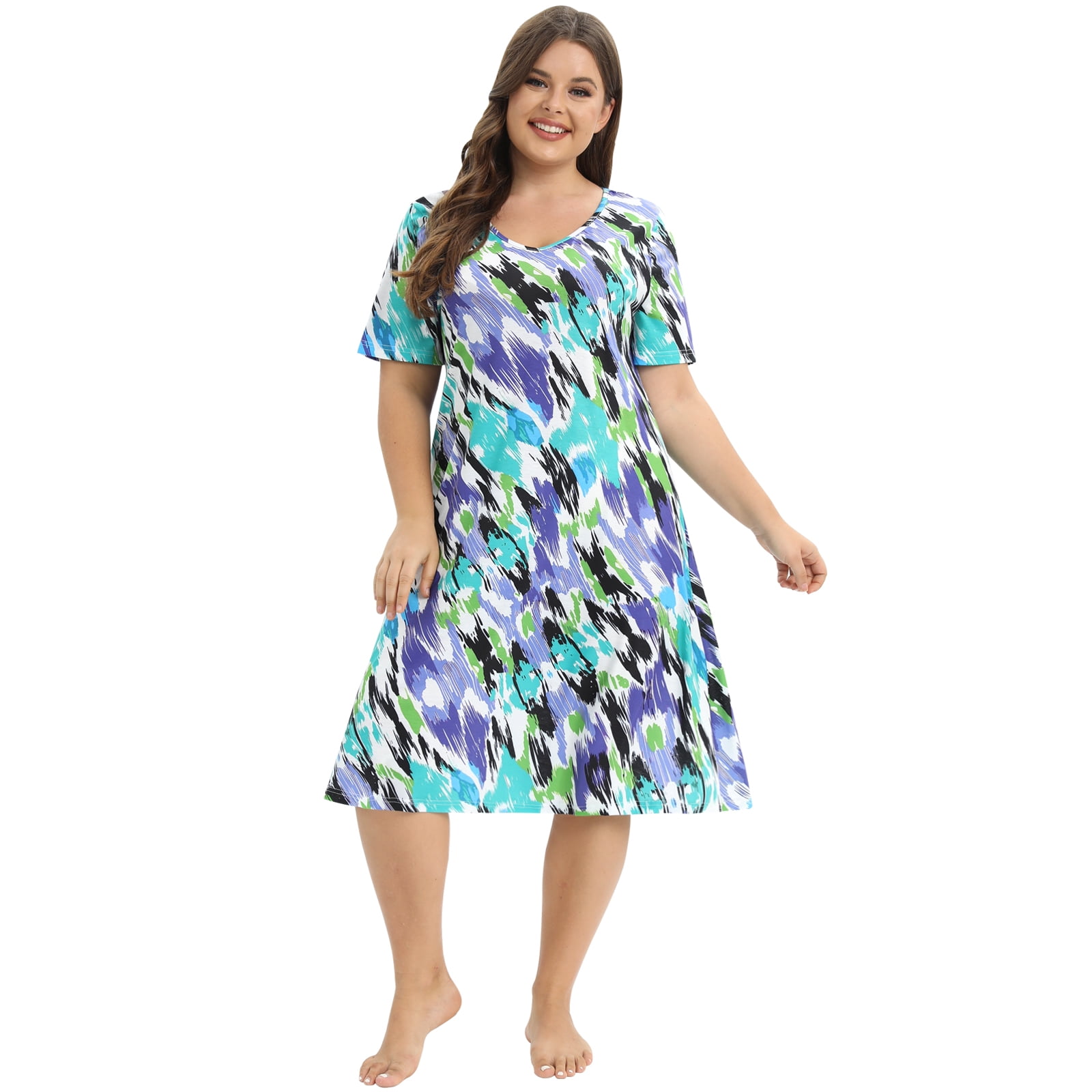 Baywell Women's Plus Size Nightgown Tie Dye Dress Short Sleeve