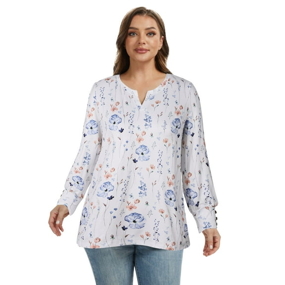Baywell Women's Plus Size Loose Flowy Long Sleeve Blouse (XL-5XL) | High Elastic V-Neck, 3-Button Cuff & Side-Slit Hem | Floral Dressy Casual Work Tops