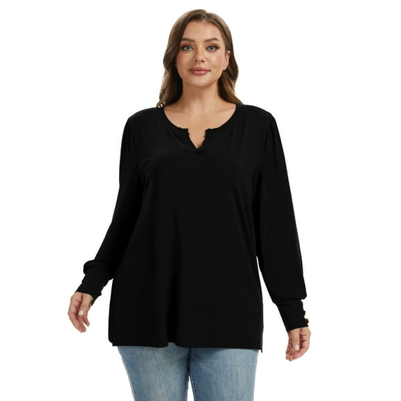 Baywell Women's Plus Size Loose Flowy Long Sleeve Blouse (XL-5XL) | High Elastic V-Neck, 3-Button Cuff & Side-Slit Hem | Floral Dressy Casual Work Tops