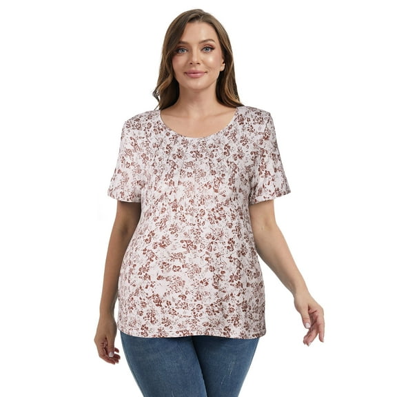 Baywell Women's Plus Size Short Sleeve Tops Casual Floral Printed/Solid Color Shirts Pleated Blouses XL-5XL