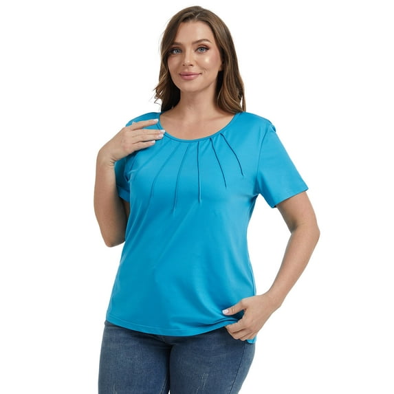 Baywell Women's Plus Size Short Sleeve Tops Casual Floral Printed/Solid Color Shirts Pleated Blouses XL-5XL