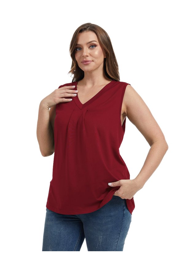 Women's Plus Size V-neck Sleeveless Blouses Pleated Tank Tops Casual Solid /Floral Printed Summer Sleeveless Shirts XL-5XL