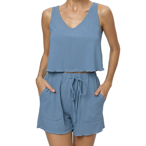 Baywell Women's Ribbed Pajamas Loungewear Set Sleeveless V Neck Crop Top and Drawstring Shorts with Pockets Summer 2 Piece Outfits Cozy Casual Pjs Lounge Set XS-XL