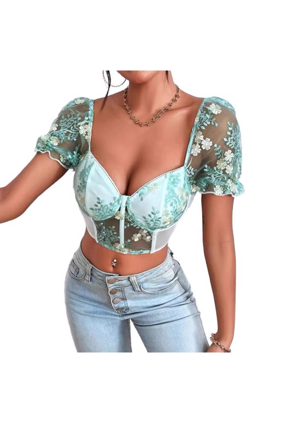Women's Short Sleeve Crop Top Floral Embroidery Mesh Puff Sleeve V Neck Bustier Top Fish Boned Slim Fit Going Out Corset Crop Top with Underwire S-L