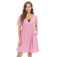thumbnail image 1 of Baywell Women's Short Sleeve Nightdress with Pockets, Lace Stitching V Neck Front Pleated Nightgown Sleepwear Loose Casual Loungewear Above Knee Length Sleep Dress, S-2XL, 1 of 7