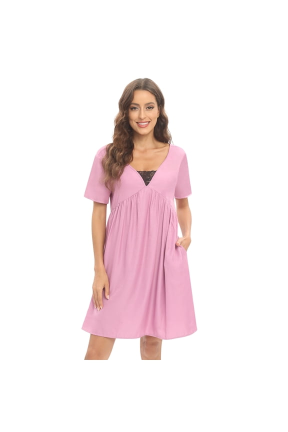 Women's Short Sleeve Nightdress with Pockets, Lace Stitching V Neck Front Pleated Nightgown Sleepwear Loose Casual Loungewear Above Knee Length Sleep Dress, S-2XL