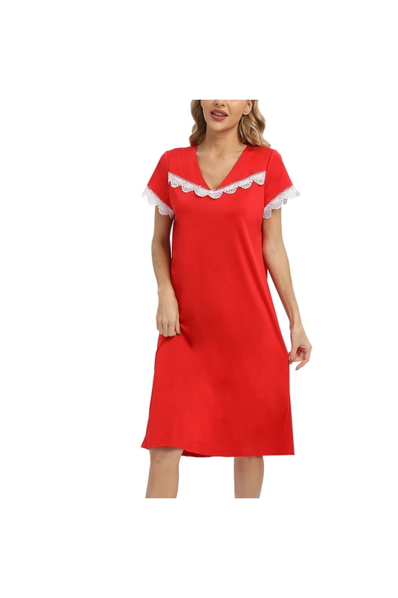 Women's Short Sleeve Nightgown Lace Trim V Neck Nightshirt Vintage Style Casual Lounge Dress S-2XL