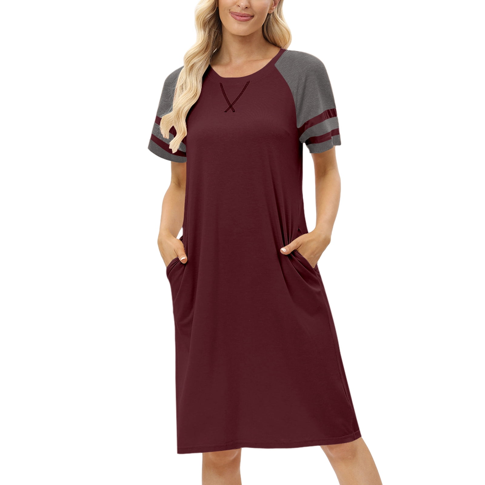 Baywell Women's Short Sleeve Nightshirt with Pockets Raglan Sleeve Crew Neck Nightgown Sleepwear