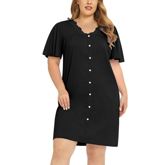 Baywell Women's Short Sleeve Plus Size Nightgown Sleepwear with Front Button Decor, Lace V Neck Pullover Nightshirt Knee-Length Shirt Dress Loose Casual Nightdress Lounge House Dress, XL-4XL