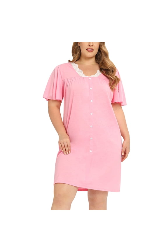 Women's Plus Size Nightgown Short Sleeve Nightshirt with Front Button Decor, Lace V Neck Pullover Sleepshirt Knee-Length Shirt Dress Loose Casual Nightdress Lounge House Dress, XL-4XL
