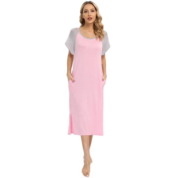 Baywell Women's Sleepwear Casual Nights Short Sleeve Duster House Dress Long Nightgown Pink S-2XL