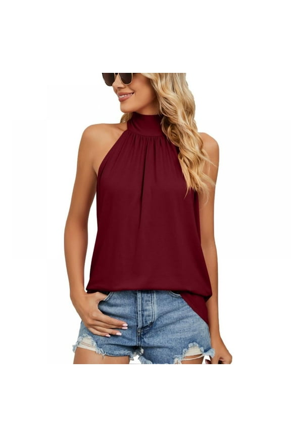 Women's Sleeveless Halter Mock Turtleneck Tank Tops Loose Casual Blouse Shirt Summer Casual Pleated Front Tank Halter Top S-2XL