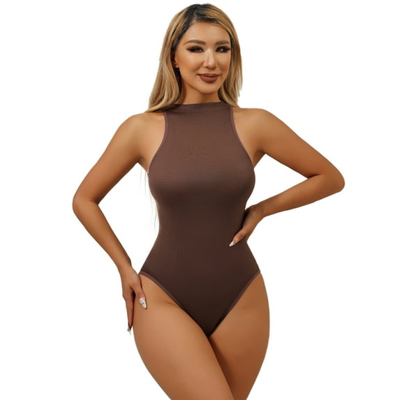 Baywell Women's Turtle Neck Sleeveless Bodysuit T-shirt Body Suits with Thong Design Decorations