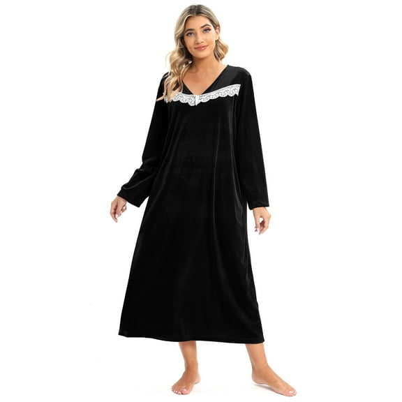 Baywell Women's Velvet Long Nightgowns Sleepwear Lace V Neck Long Sleeve Vintage Nightdress Loose Pajama Dress Long Sleepshirts Ladies Lightweight Nightshirt , S-2XL