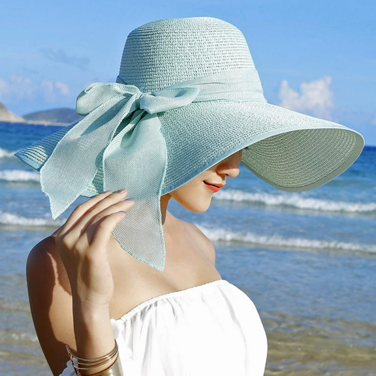 Baywell Women's Wide Brim Sun Hat UPF 50+ Summer Straw Beach Hat with Large  Bow, Foldable Roll up Floppy Beach Hats for Women Big Visor Hat Cap