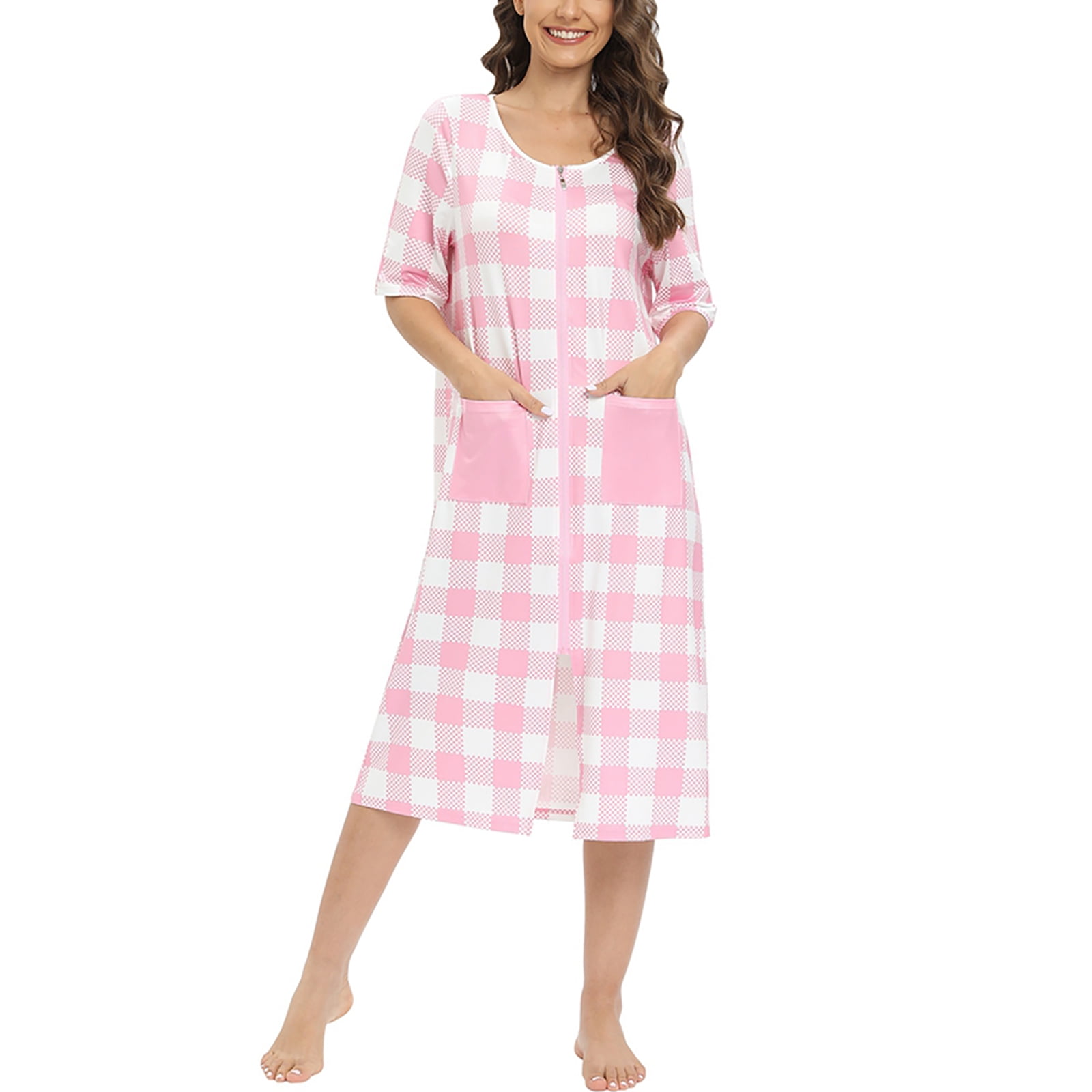 Baywell Women's Zipper Front House Coat Plaid House Dresss Short Sleeve