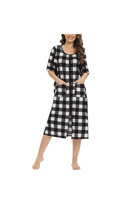 Women's Zipper Front House Coat Plaid House Dresss Short Sleeve Zip up Robe Nightgown Sleepwear Loose Casual Nightdress Christmas Checkered Housecoat with Pockets, S-2XL