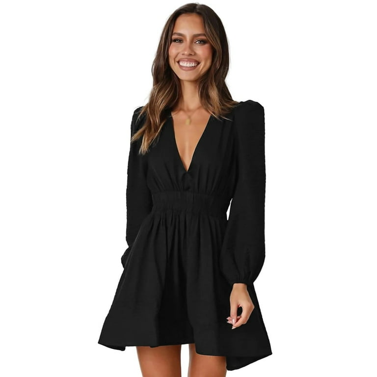 3/4 Sleeve V-Neck Pure Color Skater Dresses 3/4 Sleeve V-Neck Pure Color Skater Dresses