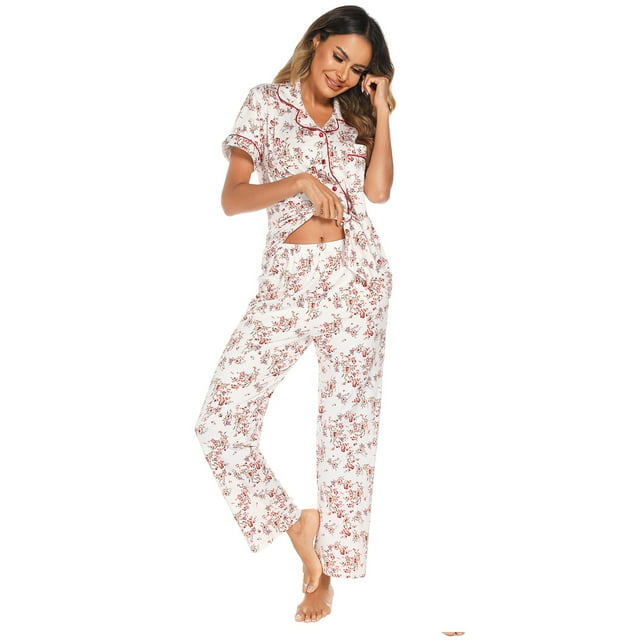 Baywell Womens Button Down Pajama Sets Short Sleeve Notch Collar Pajama Top and Pajama Pants 2