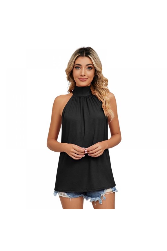 Womens Casual Halter Tank Tops Sleeveless Shirts Black S-2XL