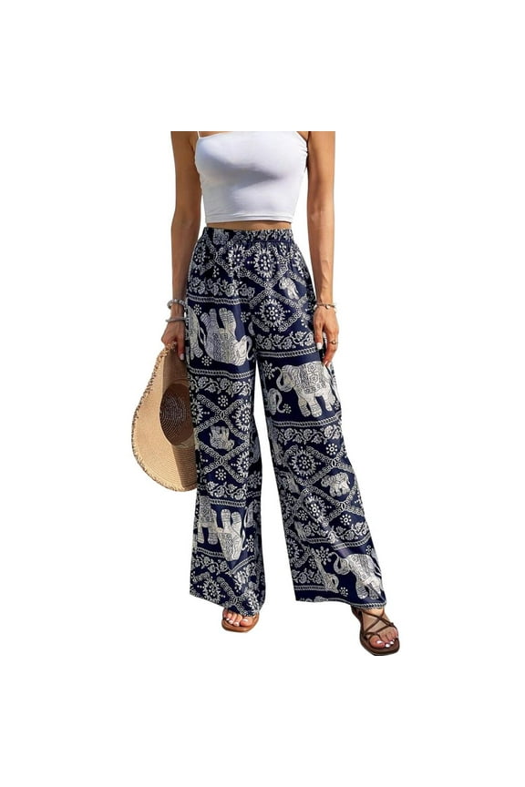 Womens Elastic High Waisted Palazzo Pants Casual Printed Straight Wide Leg Long Loose Trousers with Pockets