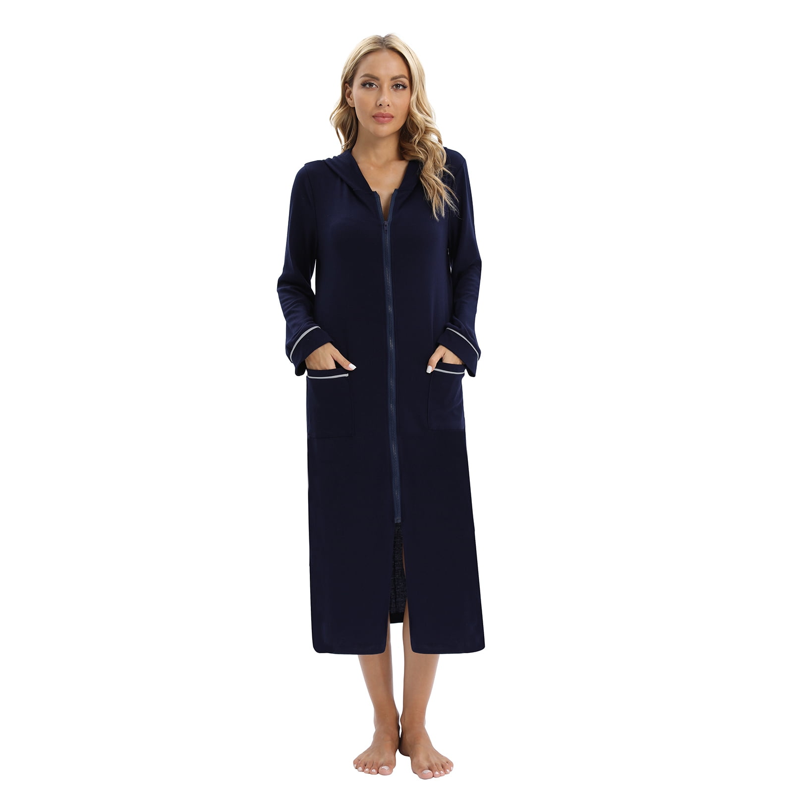 Baywell Womens Hooded Zipper Bathrobe Zip Up House Coat Long Sleeve Housecoats Full Length House