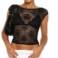 thumbnail image 1 of Baywell Womens Mesh Sheer Tops Cap Sleeve Backless Crop Top Floral Lace Layering Tops Sexy See Through Tee Shirt Y2K Going Out Top Summer Clubwear Shirts S-L, 1 of 5