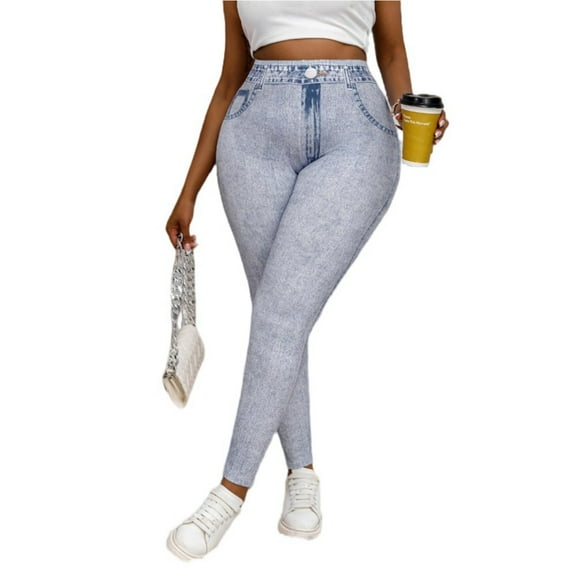 Baywell Womens Plus Size Faux Denim Print Leggings - High-Waisted Tummy Control, Stretchy Slim-Fit Cropped Length Pants,XL-4XL