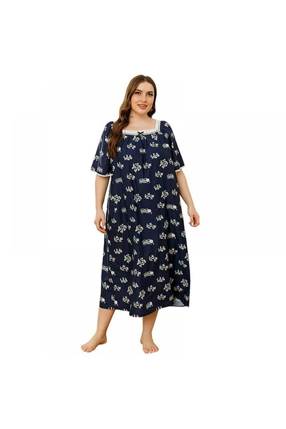 Womens Plus Size Nightgowns Sleepwear Short Sleeve Sleep Dress Maxi Night Gowns, Dark Blue, 4XL