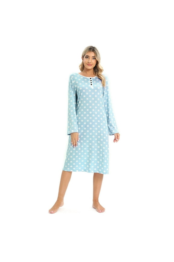 Womens Polka Dot Nightgown Long Sleeve Sleepwear Button Down Henley Nightshirt Soft Sleep Dress for Women Girls, S-2X