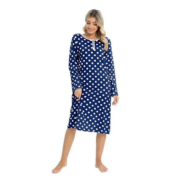 Baywell Womens Polka Dot Nightgown Long Sleeve Sleepwear Button Down Henley Nightshirt Soft Sleep Dress for Women Girls, S-2X