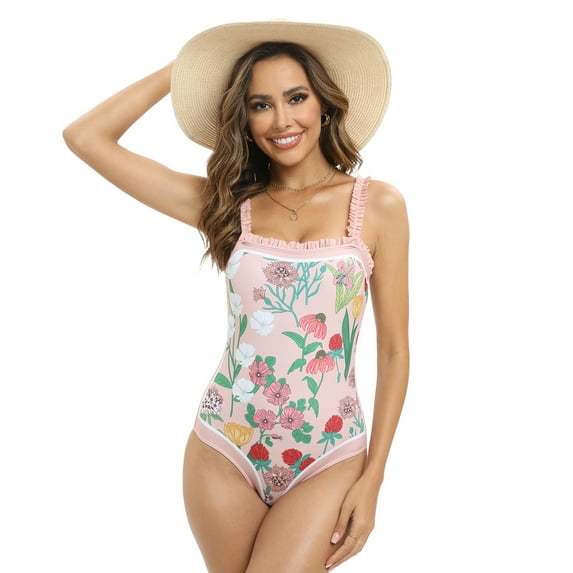 Baywell Womens Retro One Piece Swimsuit Adjustable Ruffle Straps Square Neck Tummy Control Bathing Suit Blue and White Porcelain Printed One-Piece Swimwear S-2XL