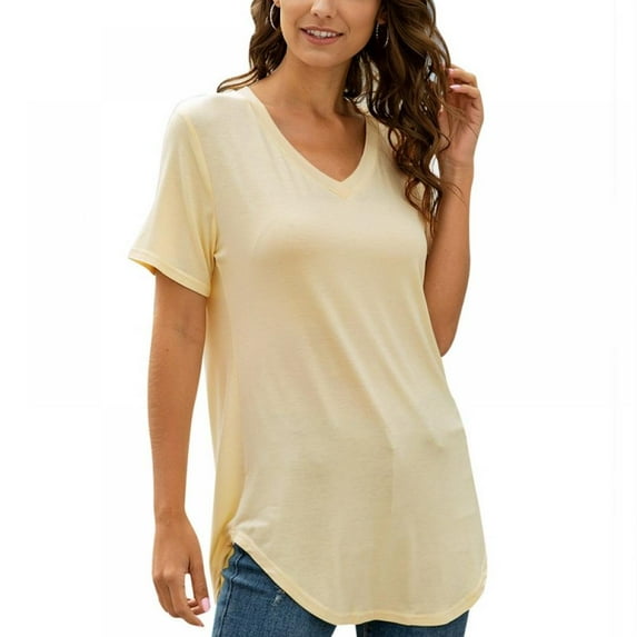Baywell Womens Tops V Neck Tee Casual Short Sleeve T Shirts, Beige, L