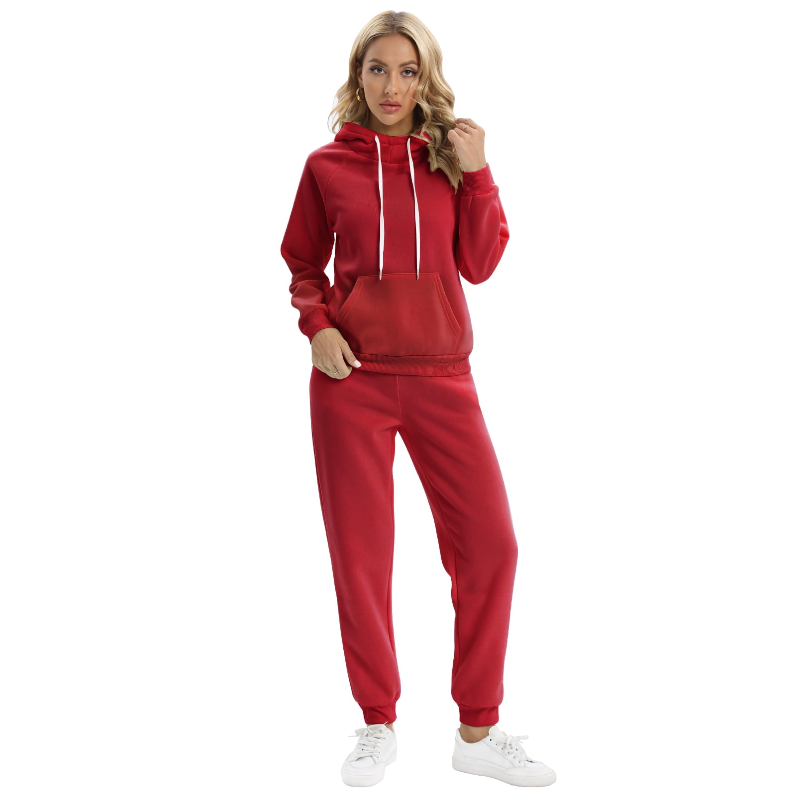 Women's Casual Athleisure Matching Sweatsuit Polar Fleece Quarter Zip  Thermal Lined Pullover Sweatshirt And Beam Feet Pants Set In DEEP RED