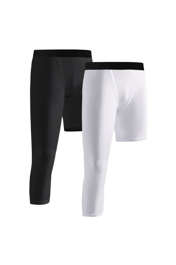 Youth Boys One Leg 3/4 Compression Leggings for Basketball 6-14T Boys One Leg Compression Capri Tights Athletic Base Layer Pants, 1/2 Pack