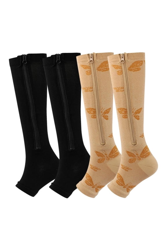 Zipper Compression Socks for Women Men - Calf Knee High 20-30mmHg Open Toe Compression Stocking - Non-Slip Sport Runing Socks Leg Support Stocking, S-2XL/ US 5-17