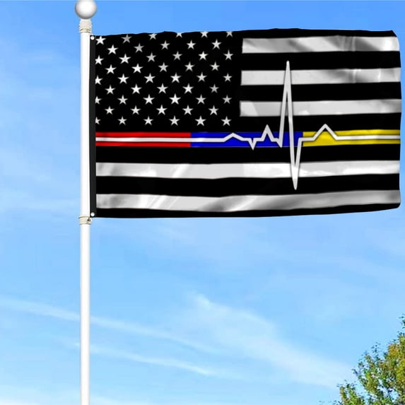 Bayyon First Responder Thin Red Blue Gold Line Grommet Flag Police Fire and Dispatch Flag Banner with Grommets 3x5Feet Man cave Decor