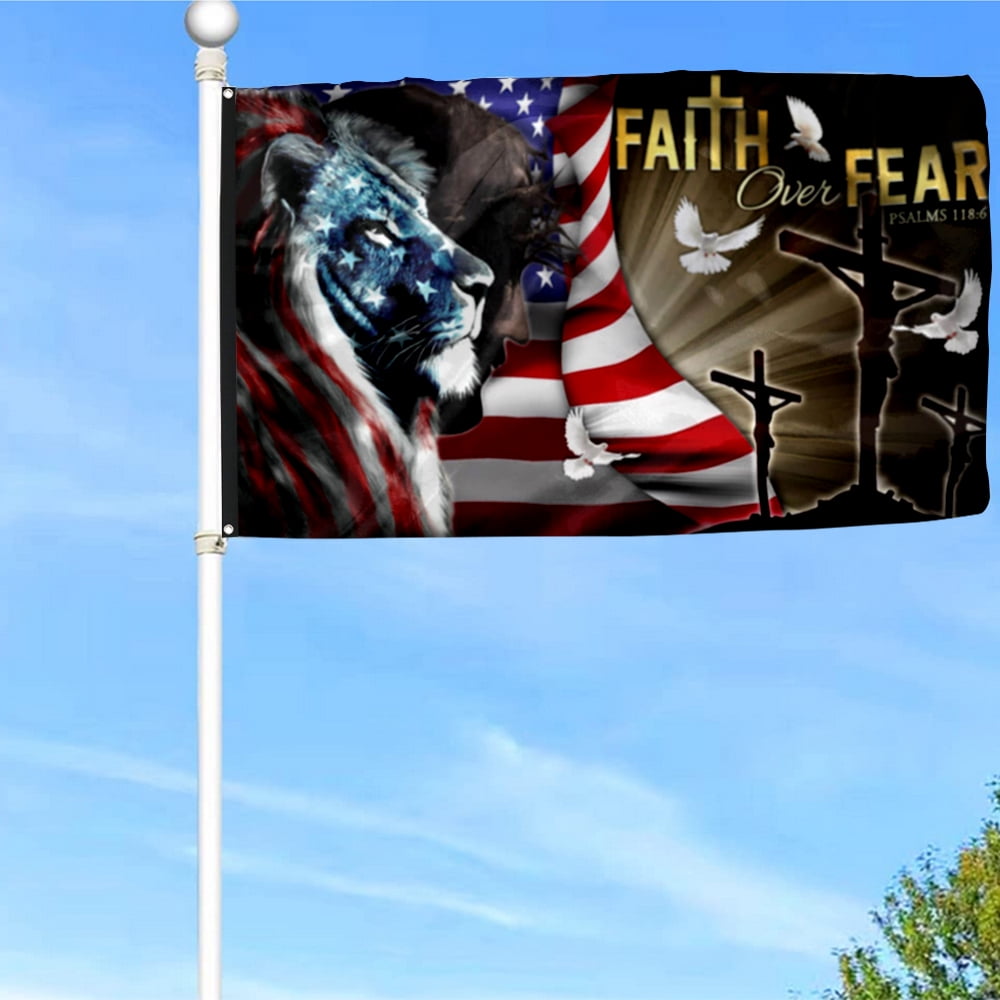 Flagge „Faith Over Fear“ Mit Jesus & US-Flagge – 90 X 150 Cm, Doppelseitig, Wetterfest, Mit Ösen