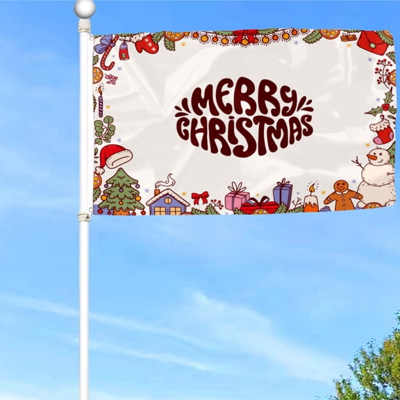 Bayyon Merry Christmas, With Colorful Graffiti Featuring Fir Trees, Snowmen, Gingerbread, and Flower Fields Flag Banner with Grommets 3x5Feet Man cave Decor