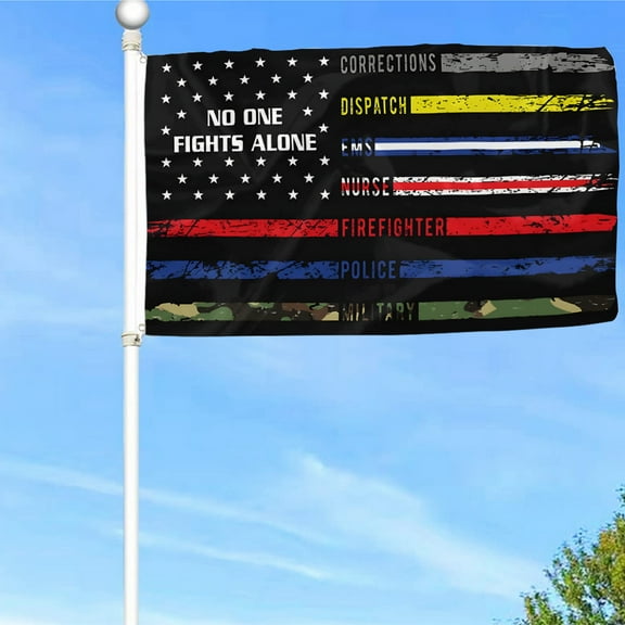 Bayyon No One Fights Alone American Flag First Responders Hero Nurse E-M-S Police Fire Military Flags Banner with Grommets 3x5Feet Man cave Decor