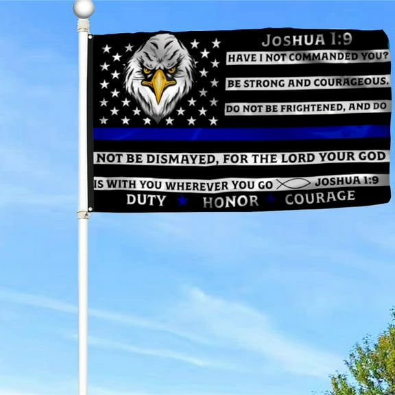 Bayyon Thin Blue Line Police Grommet Flag, Law Enforcement Joshua 1 9 Duty Honor Courage Flag Banner with Grommets 3x5Feet Man cave Decor
