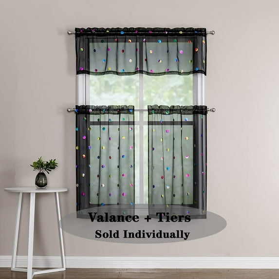 Bazaahm 36"L x 28"W Black Semi Sheer Metallic Kitchen Curtains Colorful Polka Dots Printed Pattern Rod Pocket Tier Drapes for Bathroom, 1 Pair