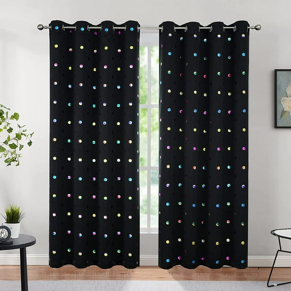Bazaahm Black 100% Blackout Curtain for Kids Bedroom Living Room Metallic Polka Dots Printed 95"L x 52"W, Grommet, 2pcs
