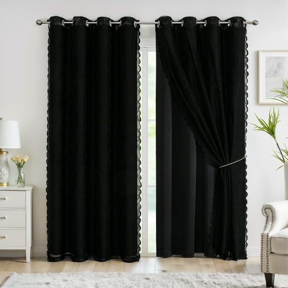 Bazaahm Black Curtains for Living Room Double Layer Solid Blackout and Lace Sheer Grommet Energy Efficiency 52" W x 63"L