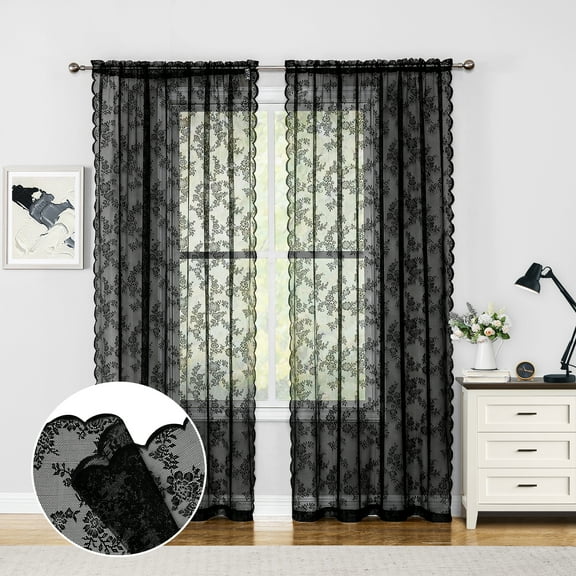Bazaahm Black Rose Lace Sheer Curtains for Farmhouse Living Room 84"L x 55"W Filtering Vintage Floral Sheer Window Curtain Panels,Rod Pocket,2 Panels