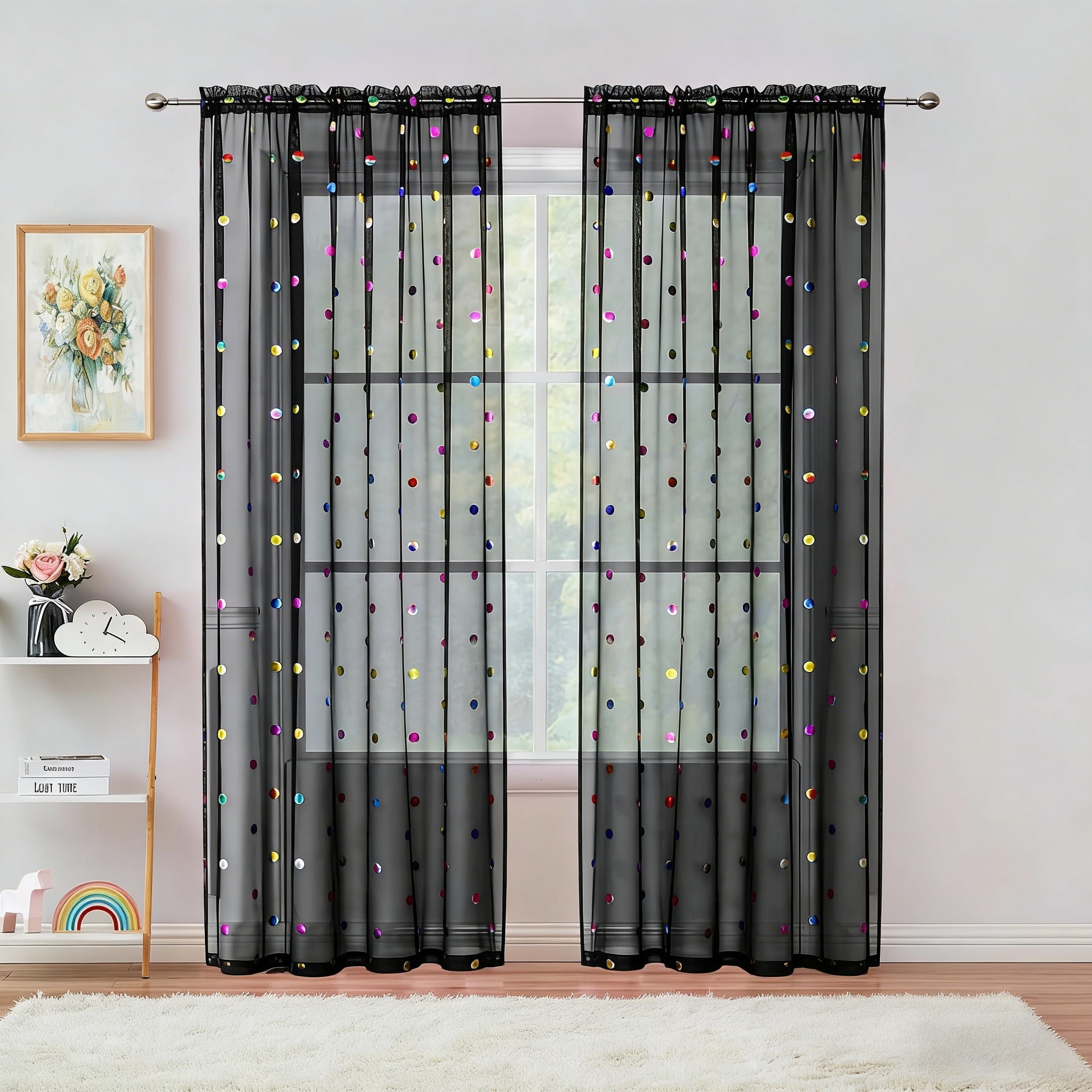 Bazaahm Black Sheer Curtain for Living Room Linen Texture Colorful Metallic Polka Dots Pattern Voile Drapes for Kids, 54"L x 52"W 1 Pair