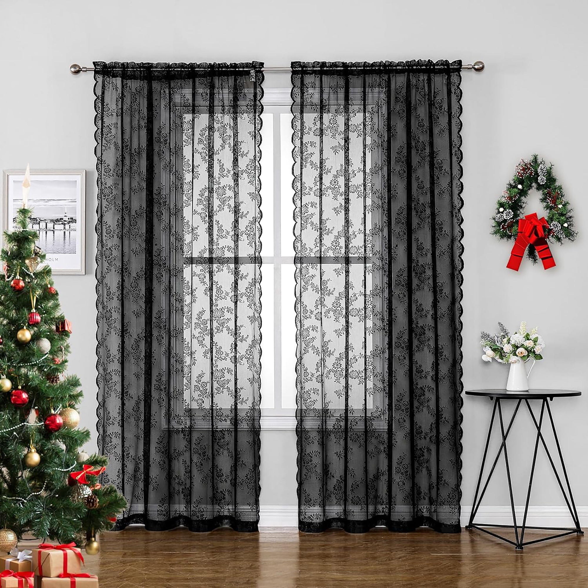 Bazaahm Black Sheer Curtains for Bedroom 54"L x 55"W Farmhouse Rose