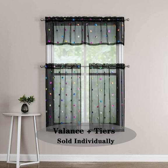 Bazaahm Black Sheer Curtains for Kitchen Bathroom Boho Polka Dots Valances Rod Pocket, 15"Lx56"W, 1