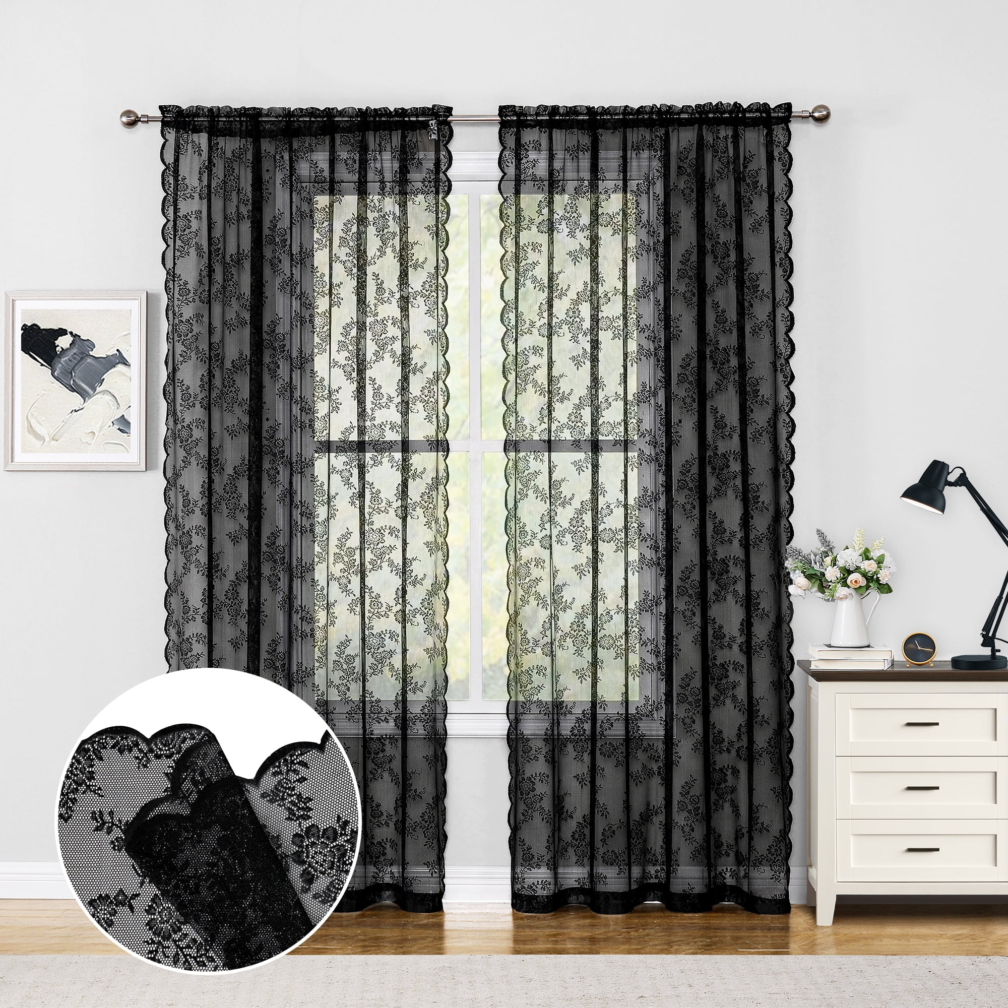 Bazaahm Black Sheer Curtains Set of 2, Rose Lace Embroidered Floral — free download